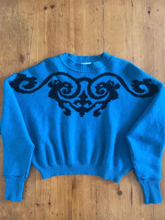 I Blues Sweaters - Vintage I Blues Italian Wool Teal with Black Pattern Dolman Drop Sleeve Sweater